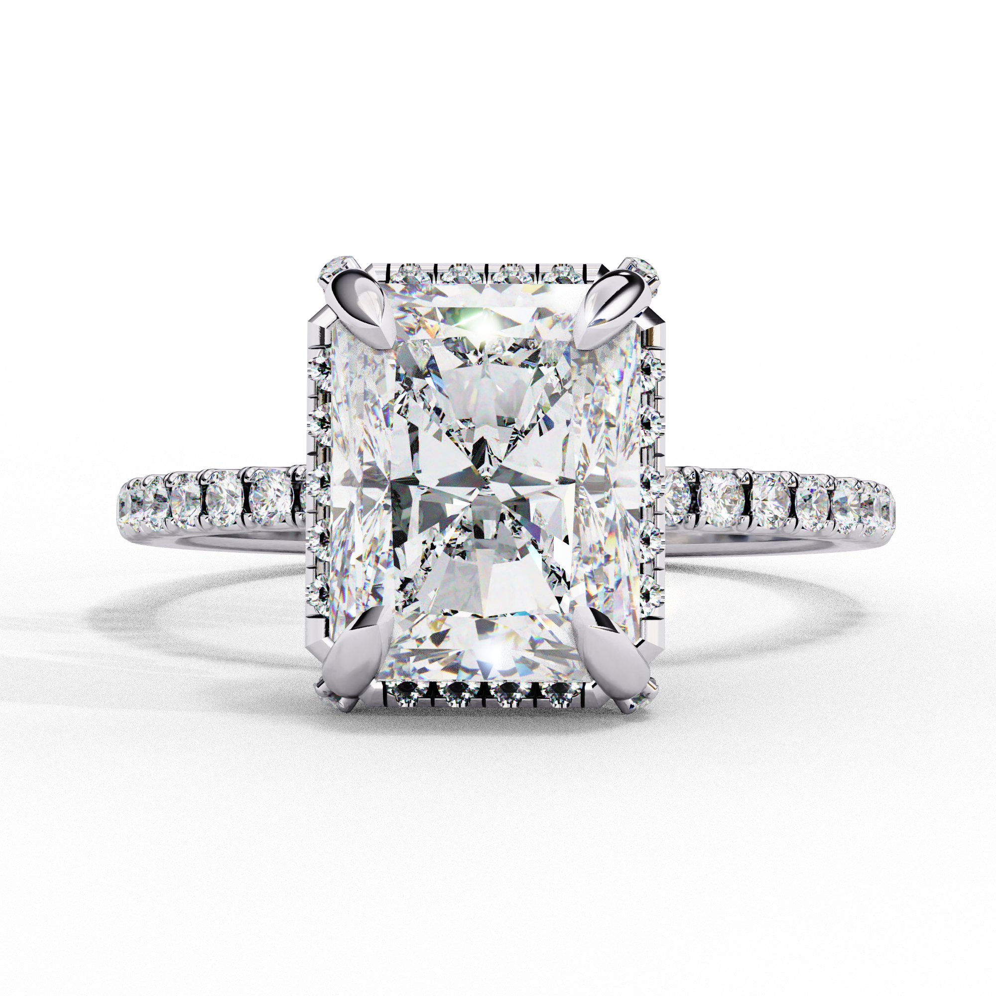 Radiant Solitaire Ring with Halo and studded prong